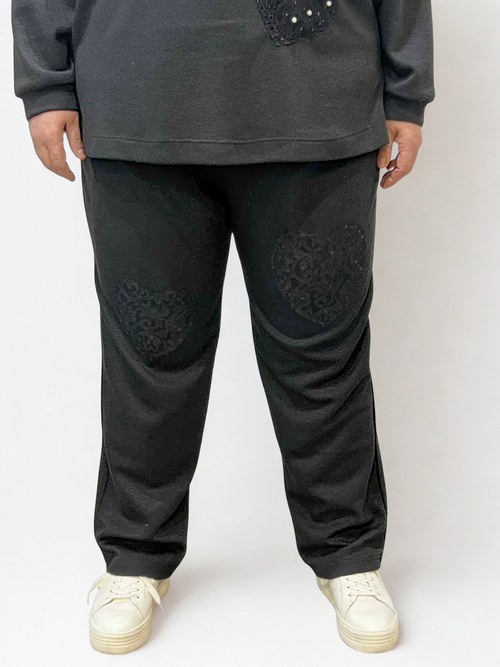 Modes Crystal | Black Casual Pant with Lace Heart, 28" Inseam