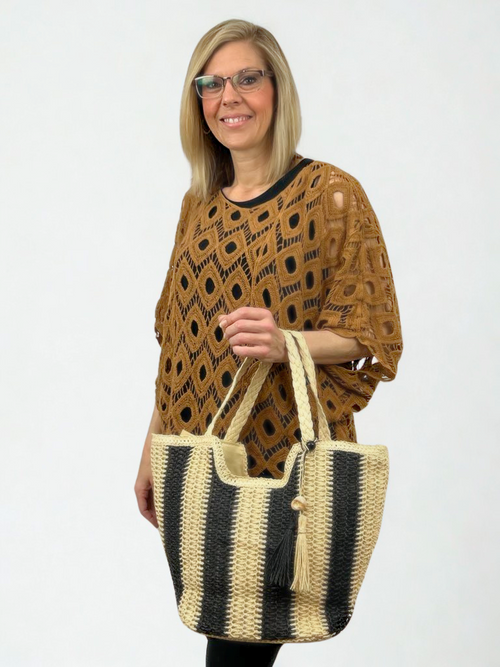 Black/Natural Two-tone Woven Straw Bag