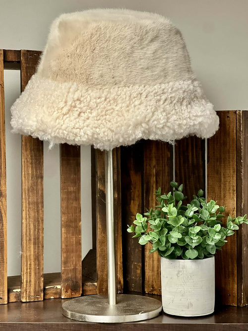 Beige Faux Fur Bucket Hat with Sherpa Brim