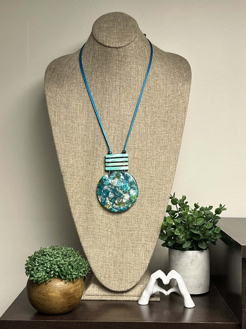 Turquoise Necklace with Circle Resin Marble Pendant