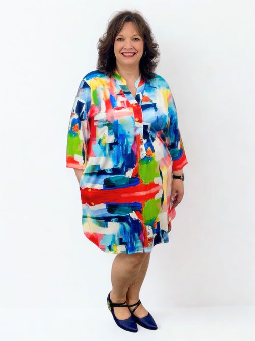 Compliments | V-Neck Dress in a Vibrant Brush Stroke Print