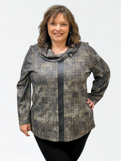 Modes Crystal | Brown Plaid Tunic with Leather Details