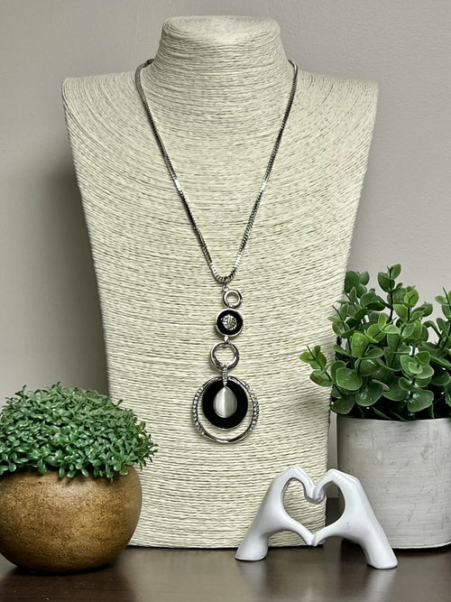 Silver, Mulit Ring Black Drop Necklace