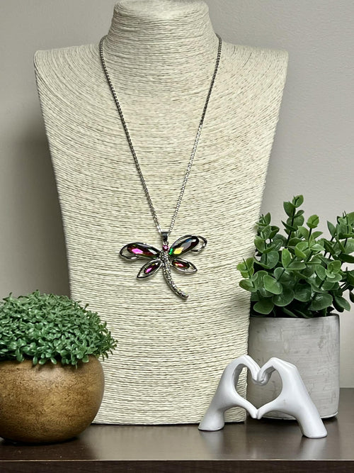 Silver Dragonfly Necklace, Mult-colour Rhinestone