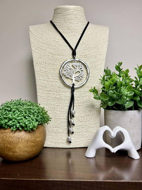 Silver Tree of Life with Hanging Pearls, Adjustable String