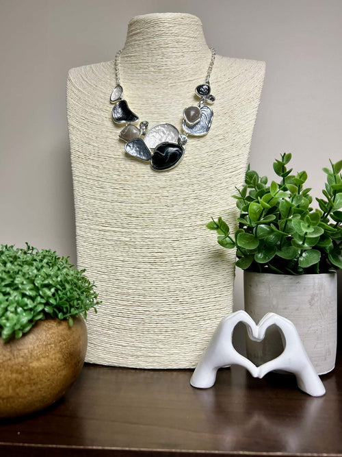 Silver White, Black, Grey Stoned Necklace