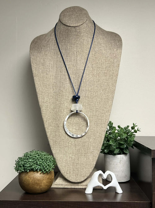 Blue Adjustable String Necklace with Silver Ring Pendant