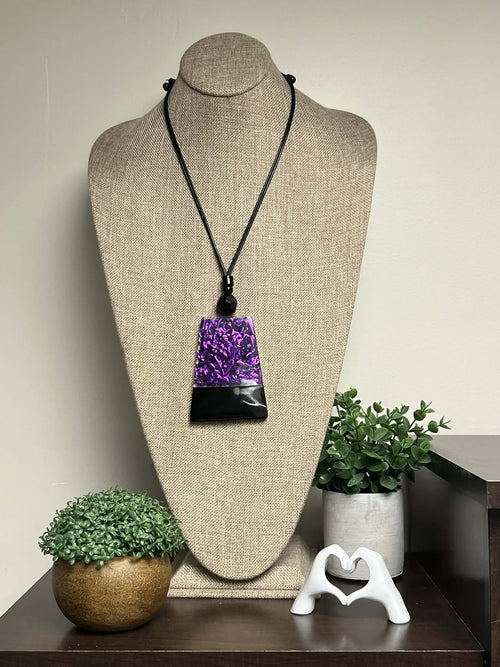 Adjustable String Necklace with Purple Foil Resin Pendant