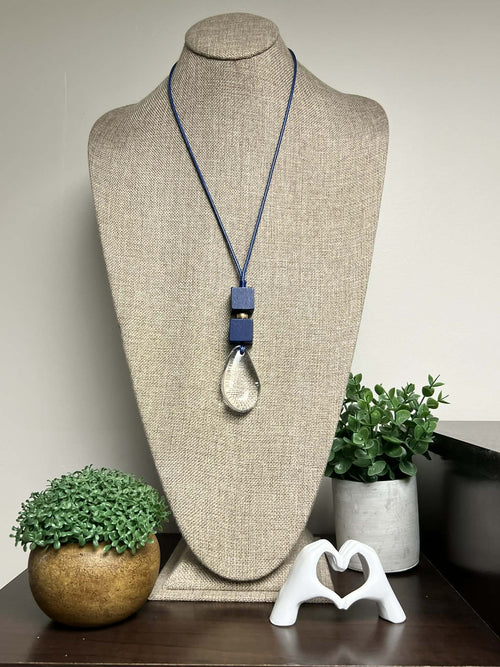 Blue Adjustable String Necklace with Resin Teardrop Pendant