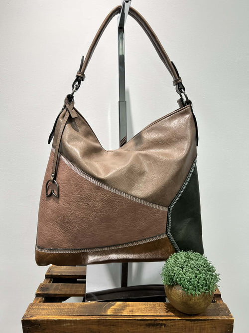 Kaki with Earth Tones Patchwork Shoulder Bag