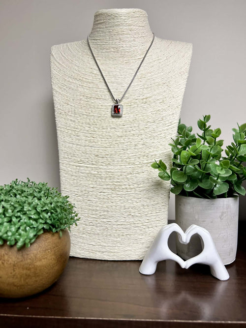 Silver Necklace with Red Square Rhinestone Pendant