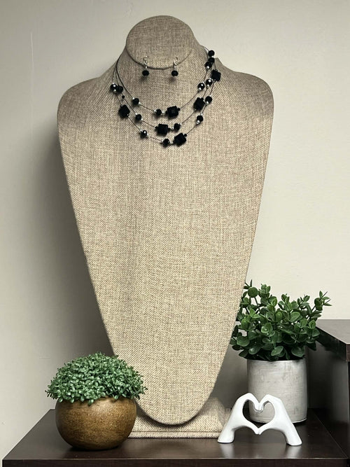 Silver/Black Beaded Necklace Set with Earrings
