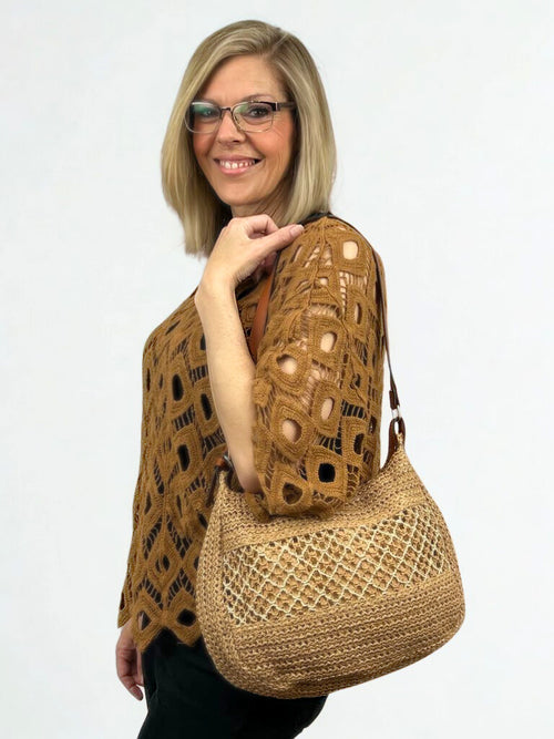 Dark Natural Two-tone Woven Straw Purse
