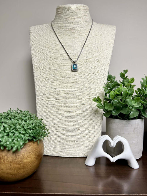 Silver Necklace with Blue Square Rhinestone Pendant