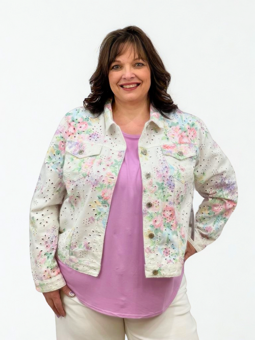 GG Jeans | Denim Floral Print Jacket, Eyelet Details