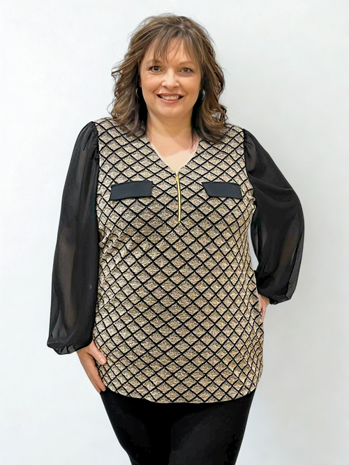 Modes Crsytal | Champagne V-Neck Top with Sheer Sleeves