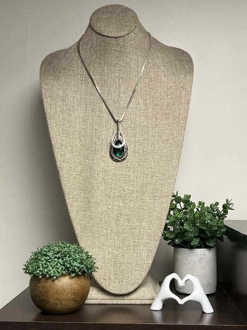 Silver Neckace with Emerald Teardrop Pendant