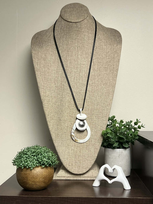 Black Adjustable Leather String with Silver & Pewter Pendant