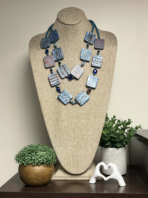 Blue bead Necklace with Multi-Colour Squares
