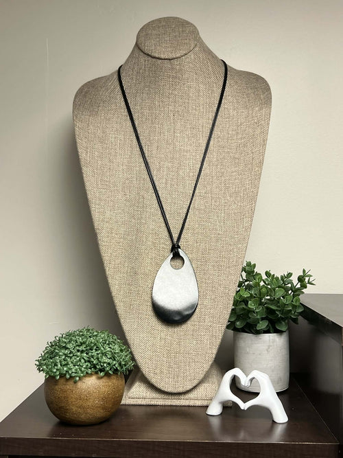 Adjustable String Necklace with Silver Black Resin Pendant