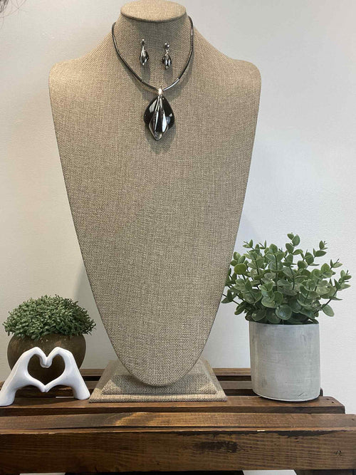 Leather String Necklace set, Black/Silver Pendant