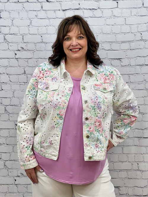 GG Jeans | Denim Floral Print Jacket, Eyelet Details