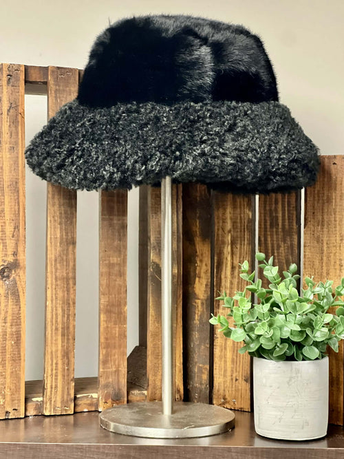 Black Faux Fur Bucket Hat with Sherpa Brim