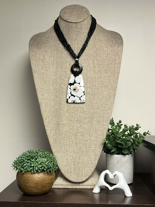 Black Wooden Bead Necklace with Square Floral Pendant