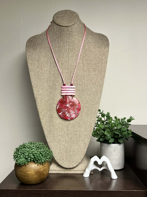 Pink Necklace with Circle Resin Marble Pendant