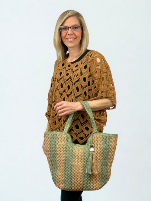 Green/Dark Natural Two-tone Woven Straw Bag