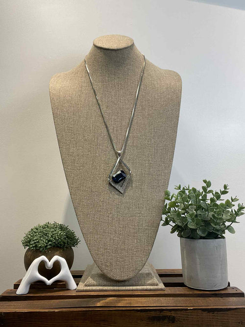 Silver Diamond Shaped Necklace, Blue Gem