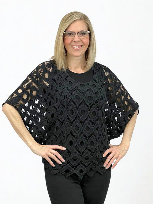 One Size Cotton Crochet Top, Black