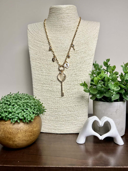 Gold Heart Lock and Key Necklace with Rhinestone accents