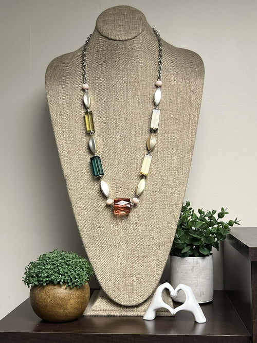 Silver Pastel Resin Chunky Beaded Necklace with Silver Accent Beads