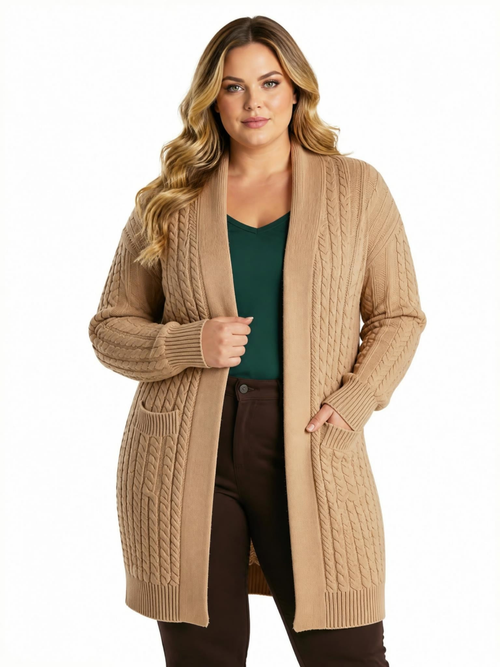 One Size Beige Knitted Cardigan with Pocket