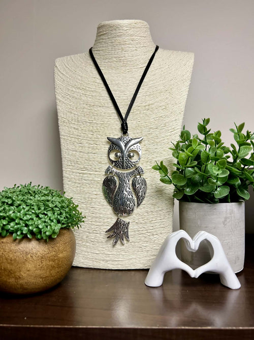 Silver Textured Owl Necklace Adjustable String