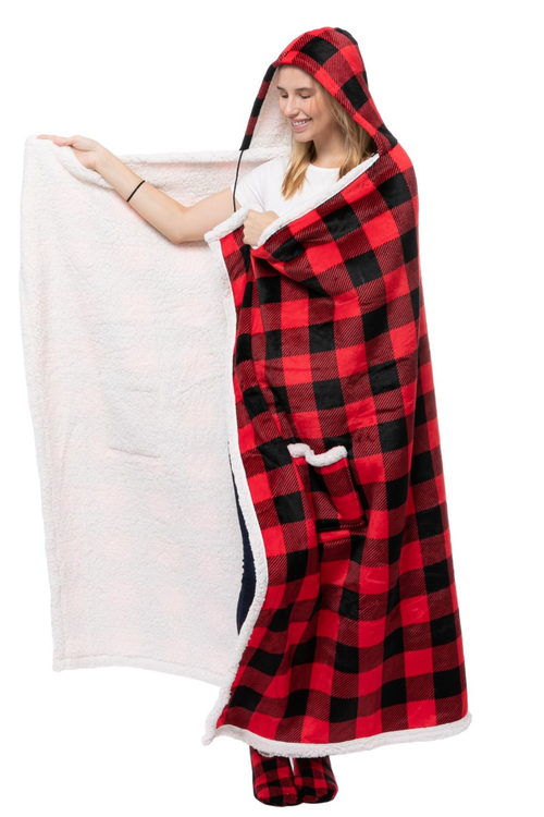 Buffalo Plaid Hooded Sherpa Blanket