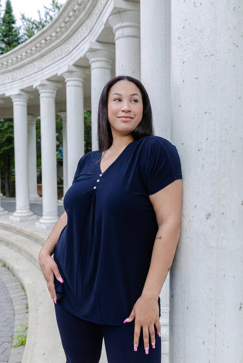 Black LABB Clothing | BL45 Navy Draped Short Sleeve Top with Buttons