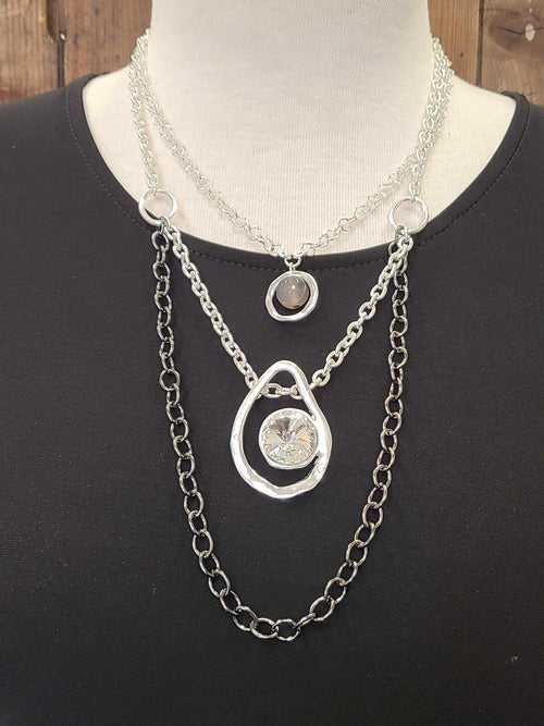 Silver 3 Layer 2-Tone Chain with Agate & Crystal Necklace
