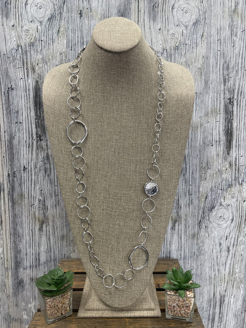 Long Silver Necklace with Round Design