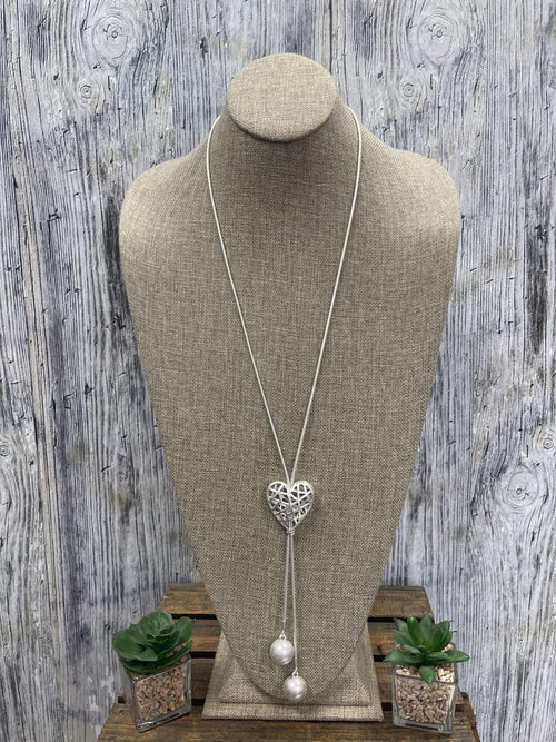 Silver Coloured Hollowed Heart Long Necklace