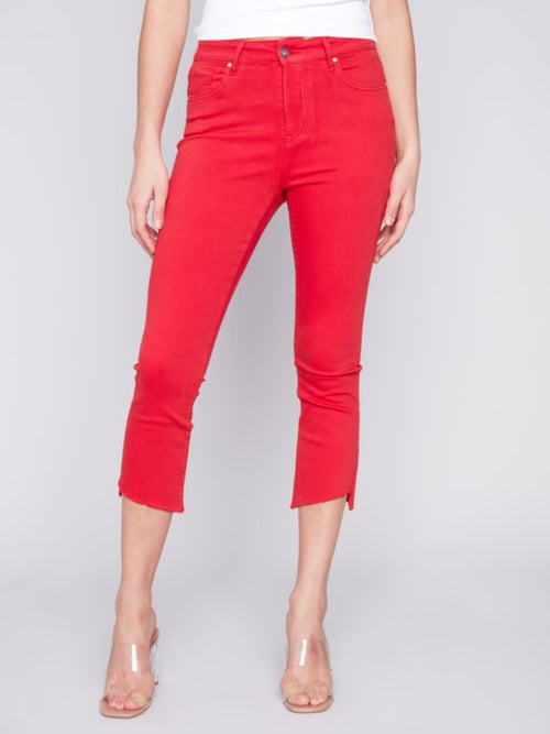Cherry Cropped Bootcut Twill Pants with Asymmetrical Hem