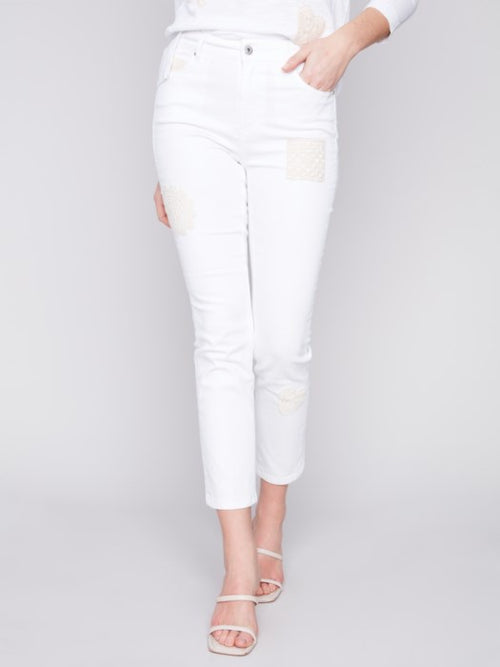 White Jeans with Crochet Patch Details