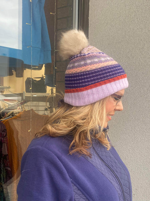 Multi Purple Womens Winter Knitted Beanie Hat with Faux Fur Pom Pom