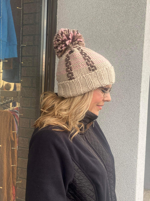 Tan & Pink Womens Winter Knitted Beanie Hat with Pom Pom