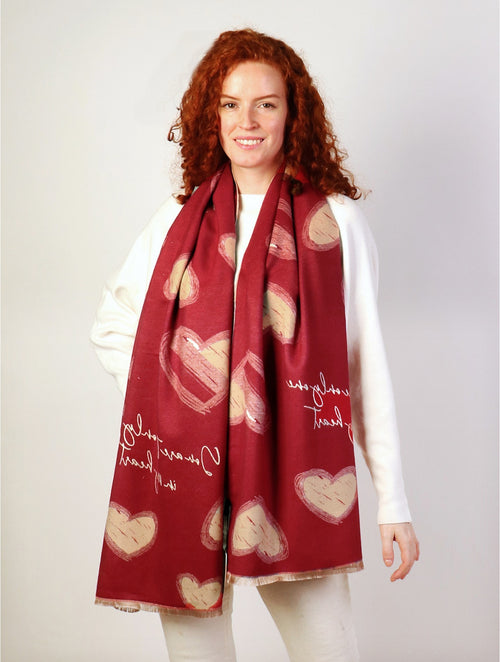Super Soft Red Reversible Cashmere Feeling Heart Design Scarf